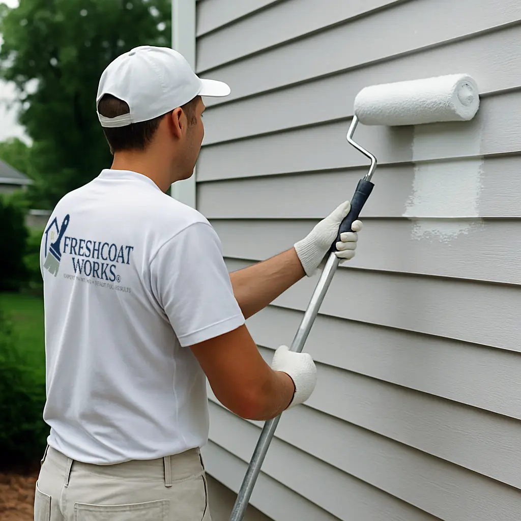Painter applying weather-resistant coating to a coastal home exterior